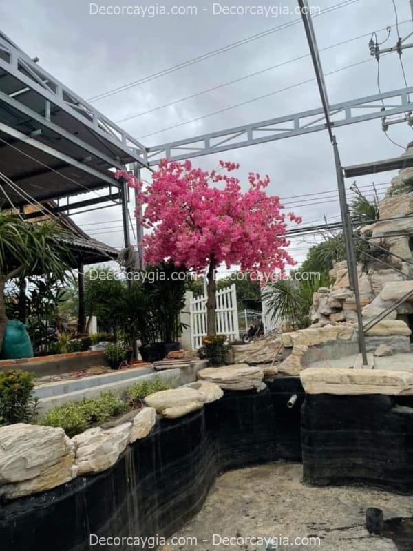 Cây hoa anh đào giả decor cafe hồ cá koi